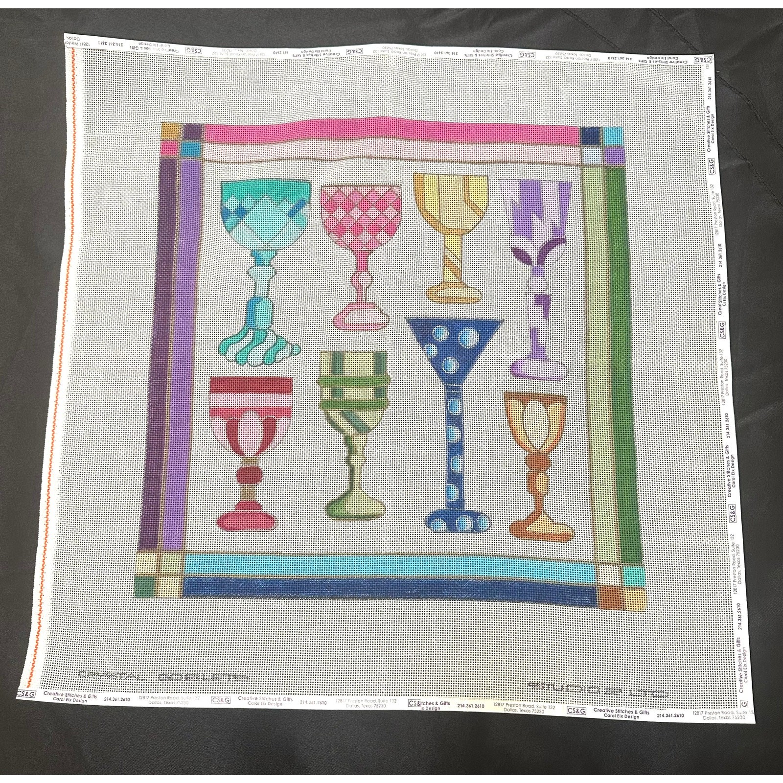 Colorful Crystal Goblets Needlepoint Canvas - Pillow or Framed -13 mesh -