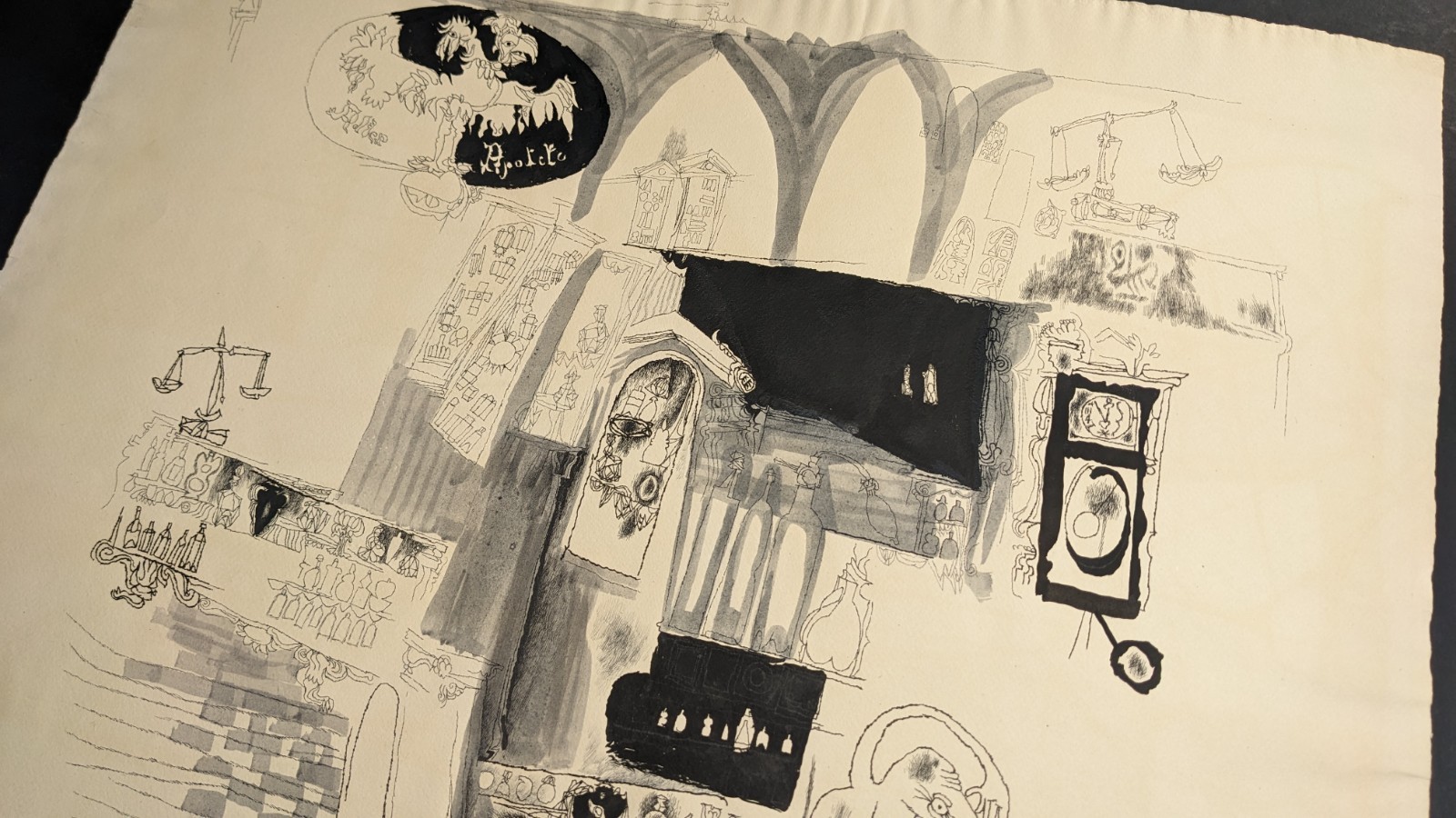 Fritz Kreidt, abstract room composition, drawing, unsigned