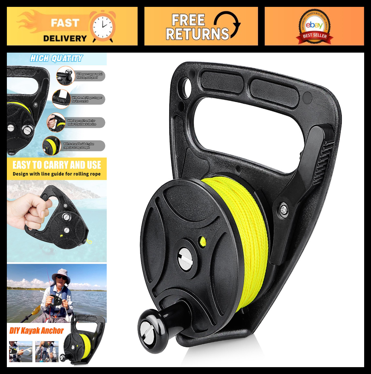 150ft Compact Scuba Dive Reel Kayak Anchor with Safety Thumb Stopper for Diving
