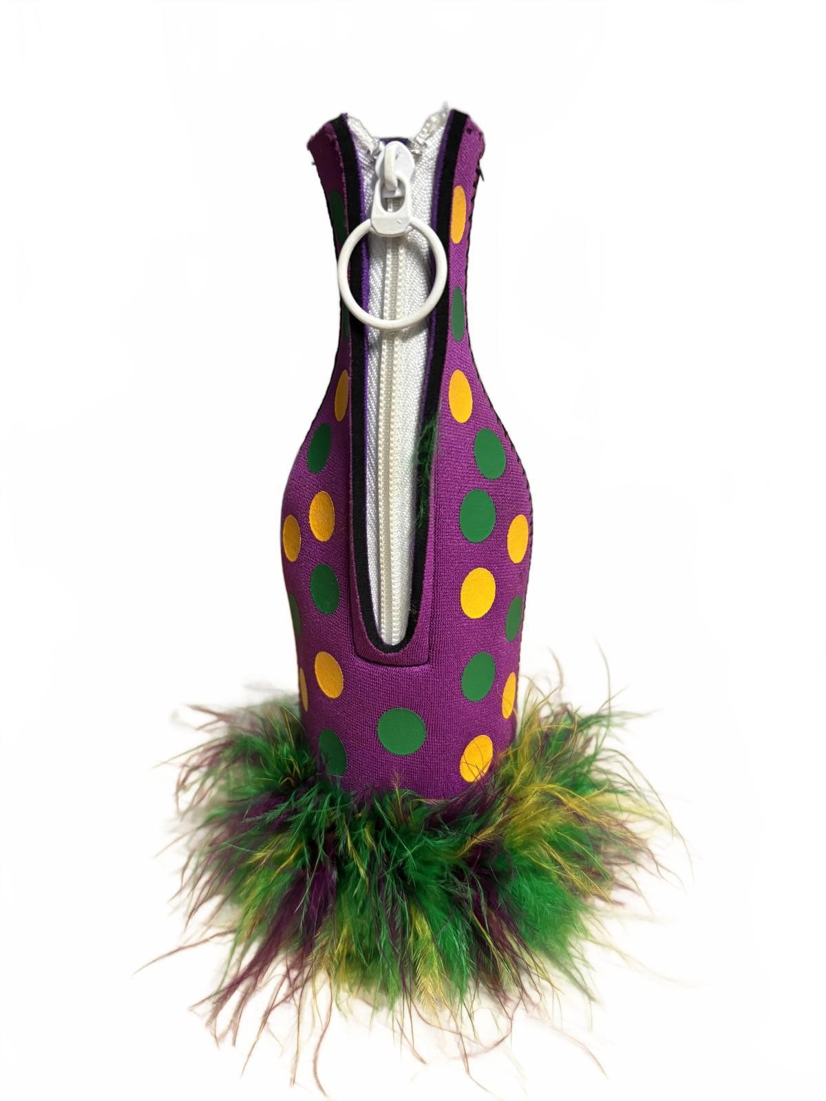 Mardi Gras Purple Polka Dot Bottle Cooler with Feather Trim