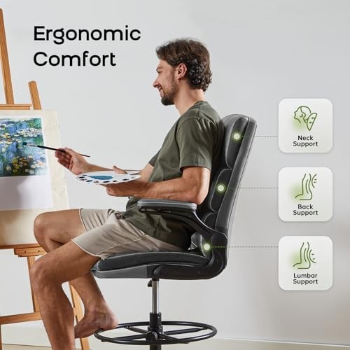 Tall Ergonomic Drafting Chair with Padded Armrests, Adjustable Footrest, Gray
