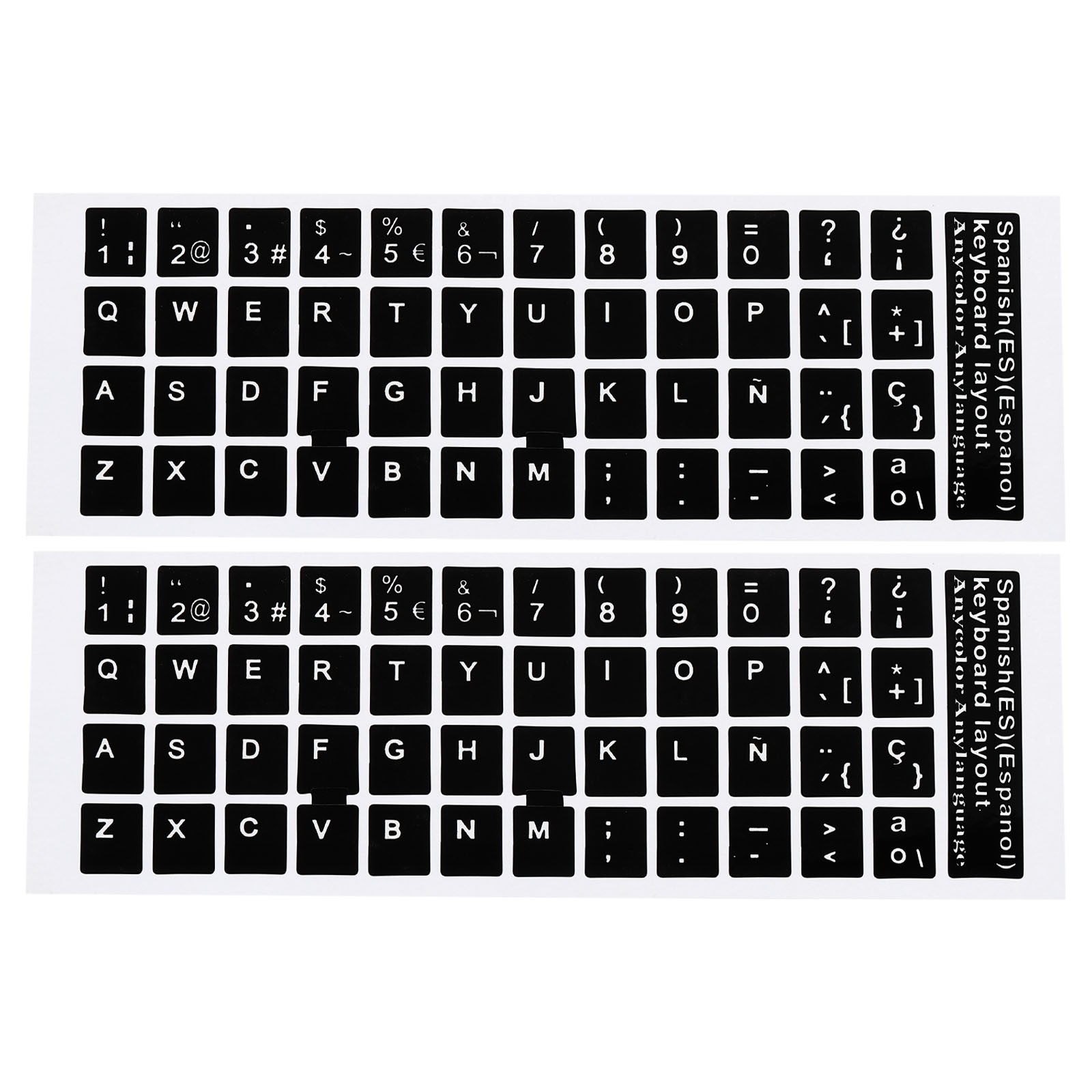 Spanish Keyboard Stickers Cover Smooth Black Background White Lettering 2pcs