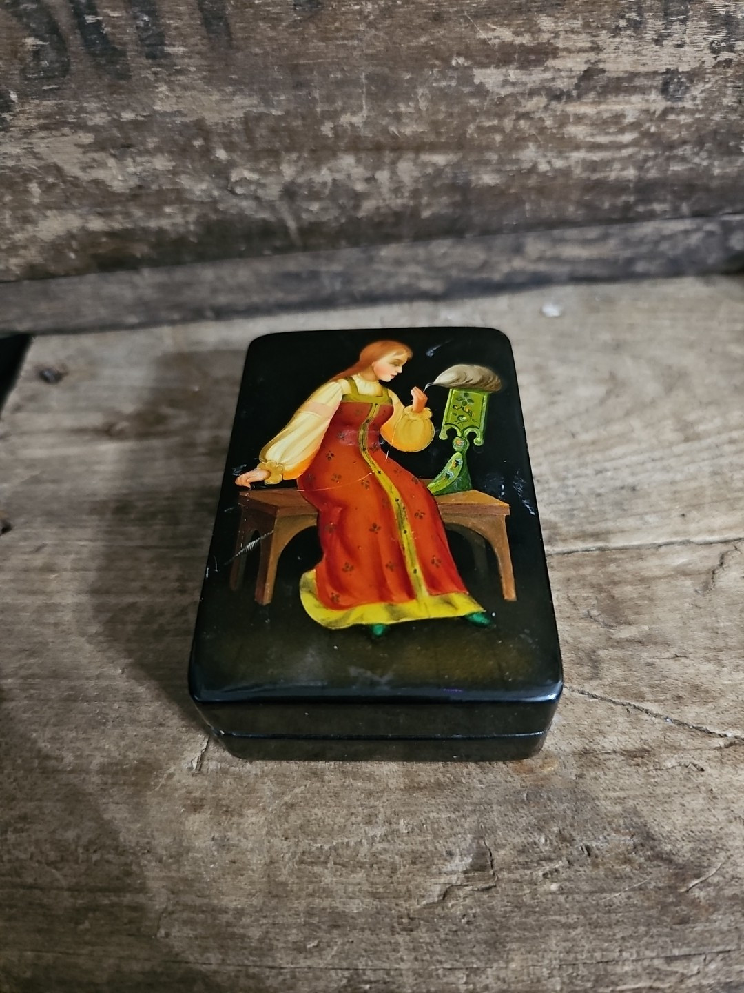 Lacquer Trinket Box ~ Girl Spinning Wool