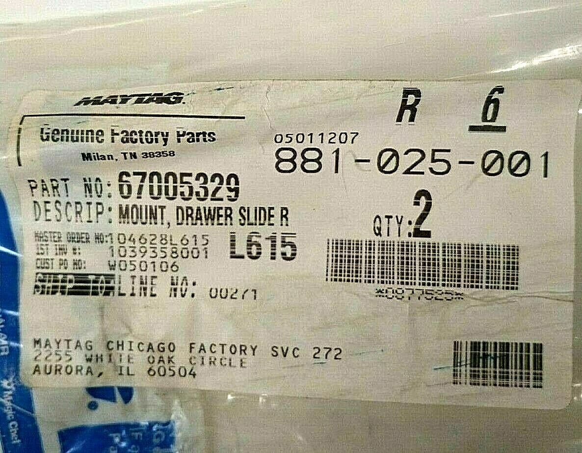 Maytag Right Drawer Slide Mount 67005329 White