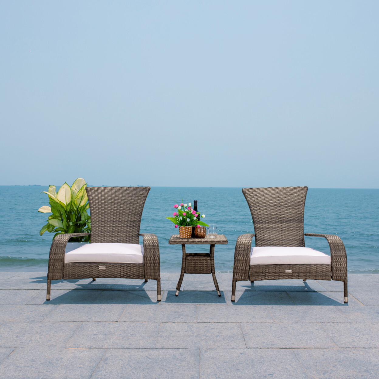 SAFAVIEH Outdoor Collection Edna 3-Piece Lounge Set | Grey Brown/White Cushion |