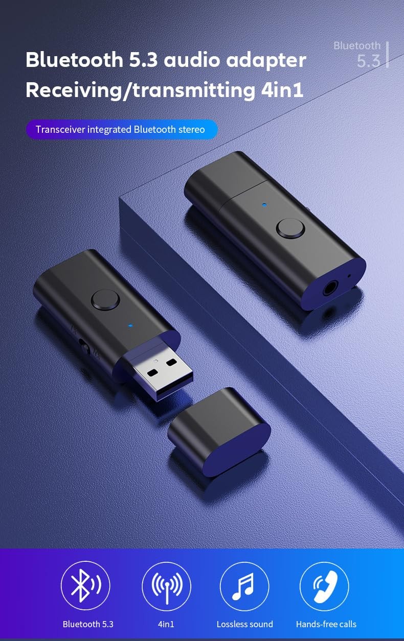 Bluetooth 5.3 Transmitter Receiver 3.5mm Aux Wireless USB Adapter with Mic