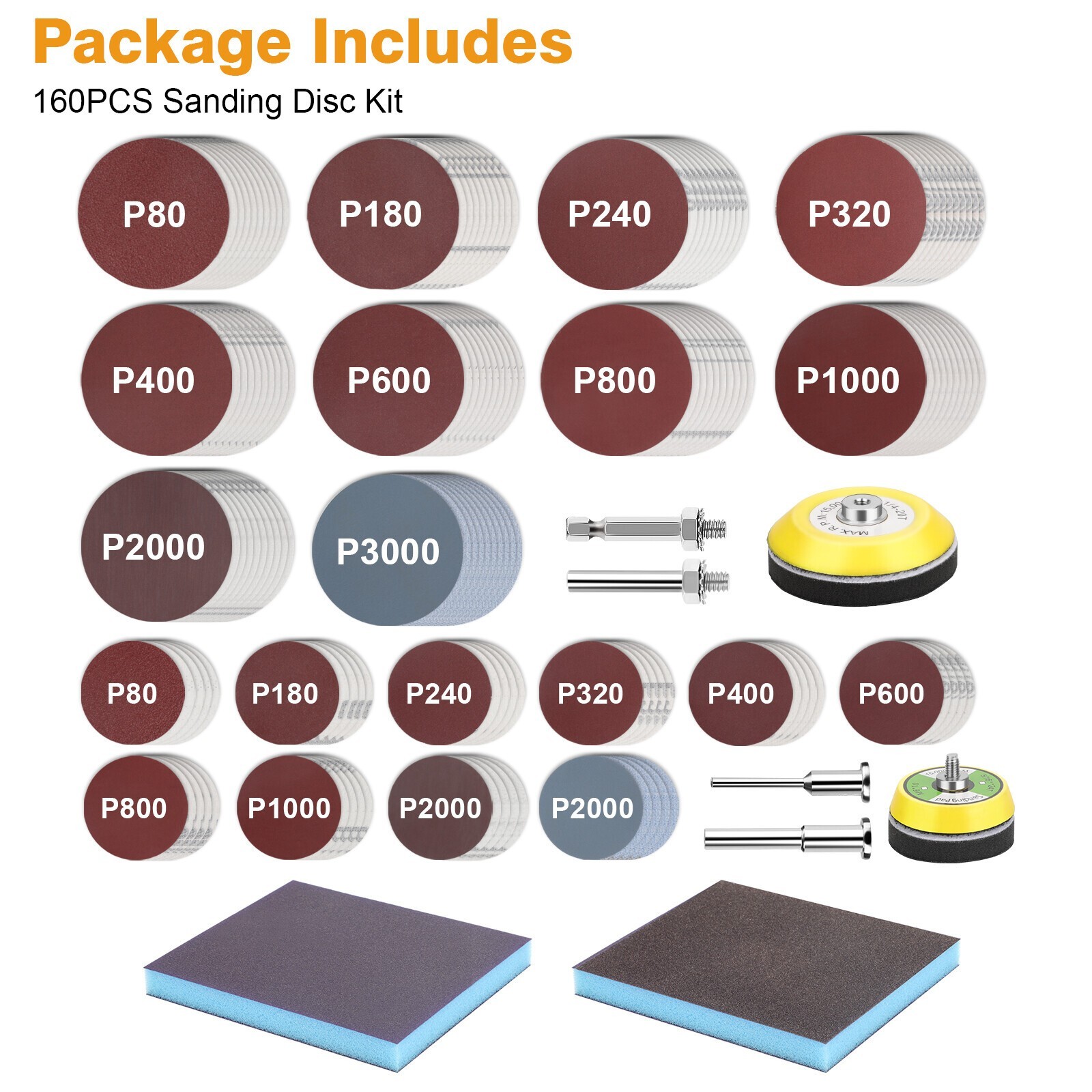 160pcs 2 & 3" Sanding Discs Kit 80-3000 Grit Sandpaper Pads Hook Loop for Drill