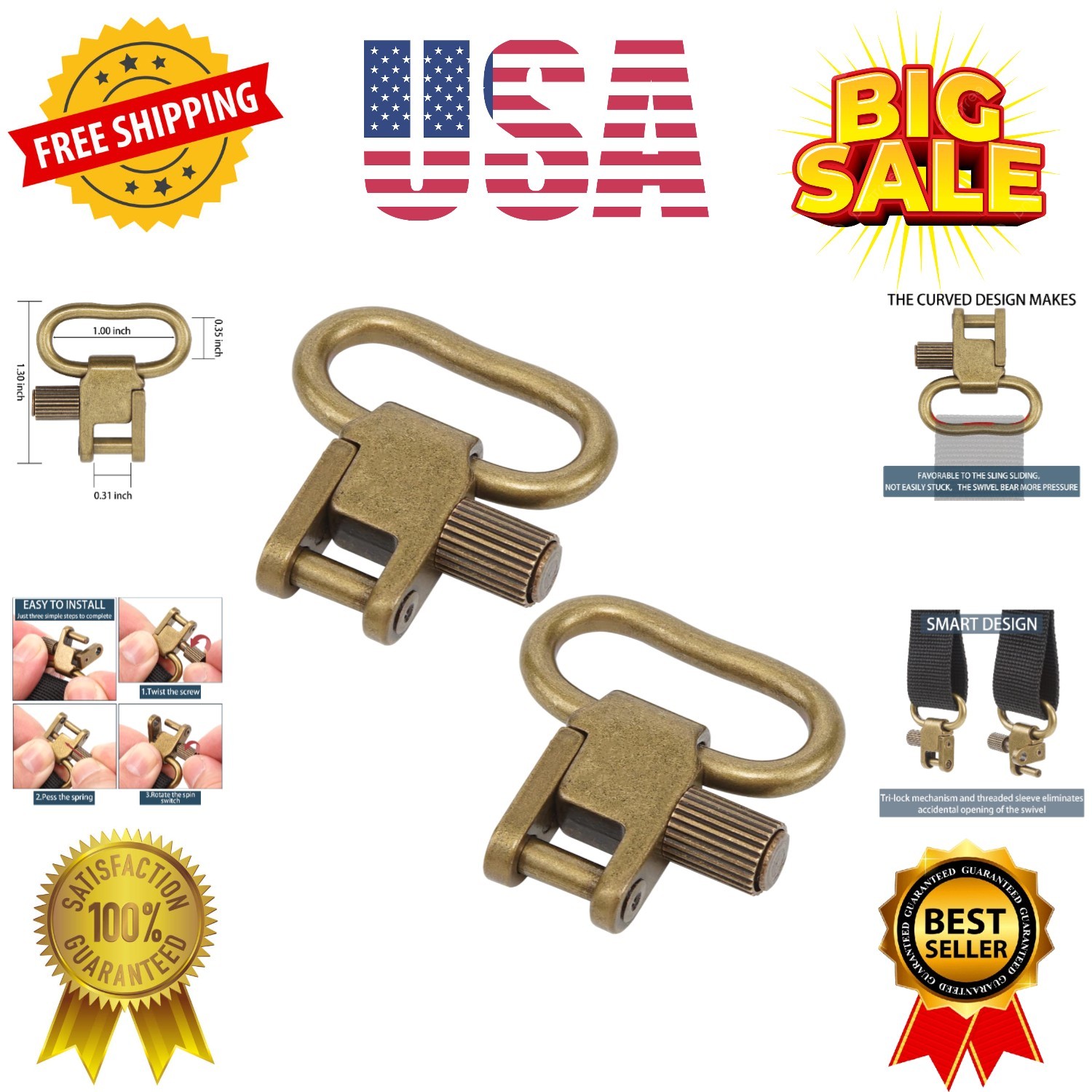 Sling Swivel Mount 1 1.25 1.5 inch Two-Point Sling Attachment Clips