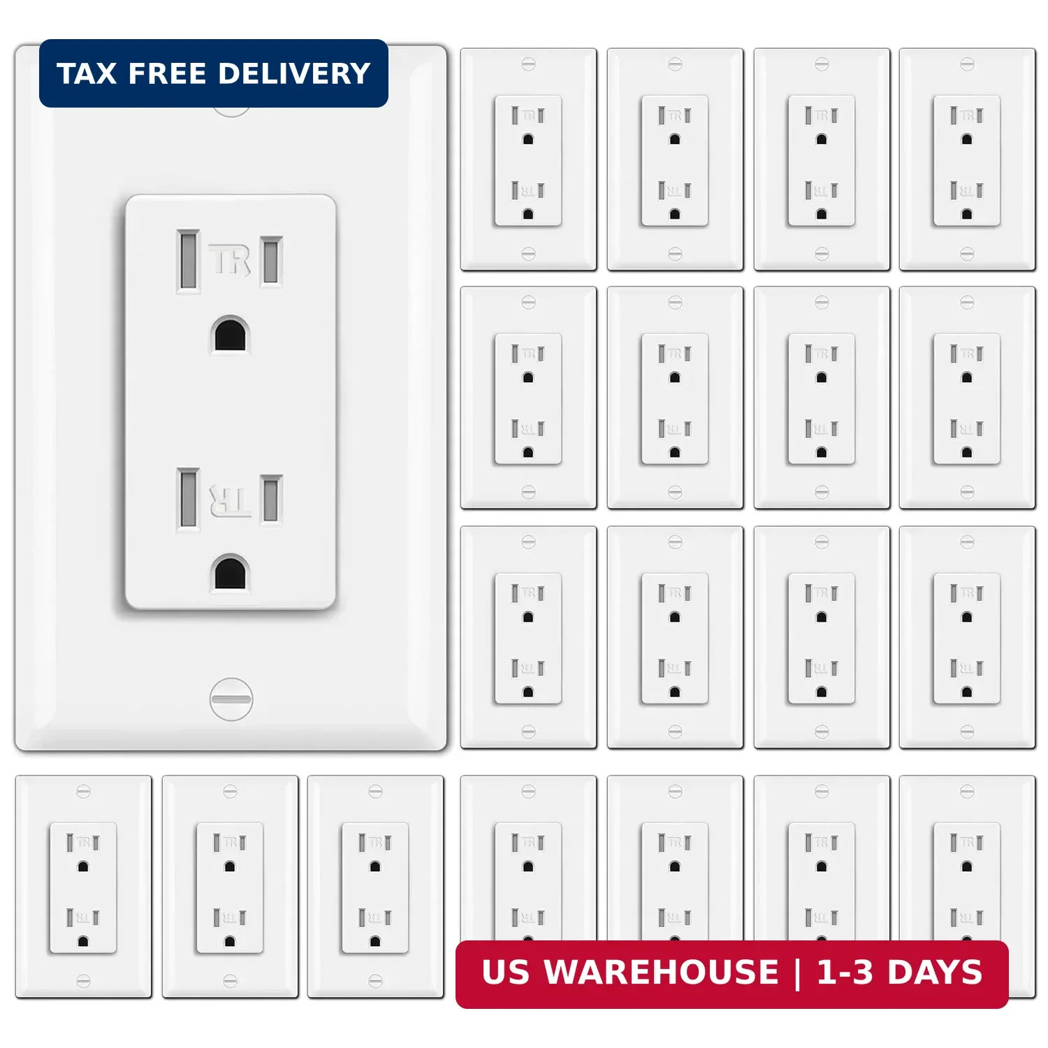 20 Pack 15 Amp Tamper Resistant Decor Receptacle, Standard Electrical Wa