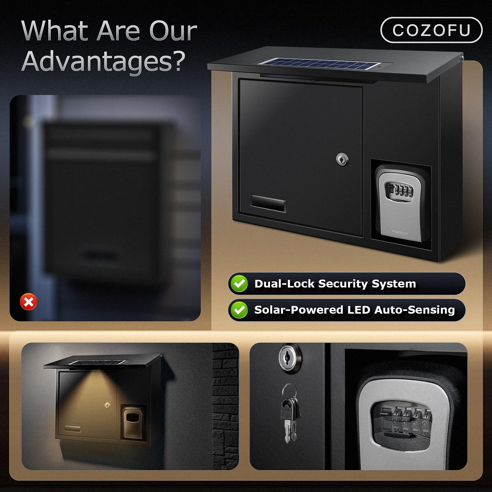 Solar Mailbox Wall-Mount Key Drop Box LED Lighting Lock Mail Box Brown