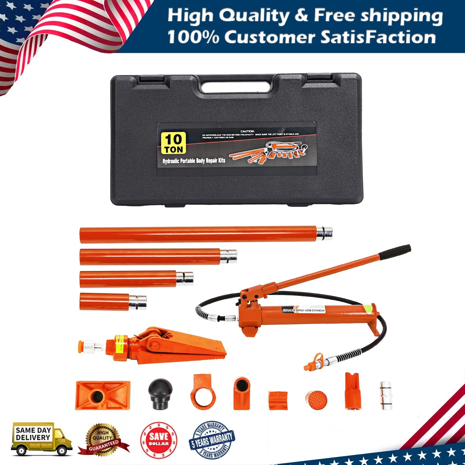 10T Hydraulic Jack Kit Porta Power Kit with Pump 4.6 ft Oil Hose W/ Storage Case