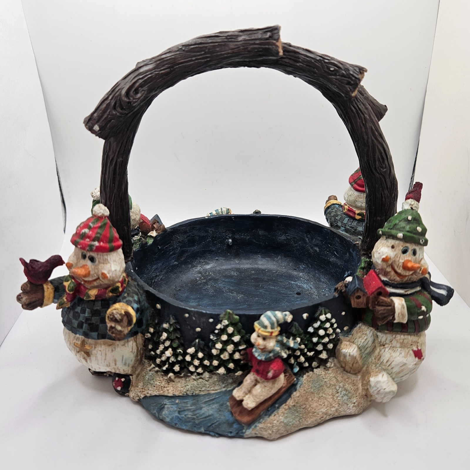 Vintage Snowman Winter Holiday Resin Basket Centerpiece Candy Bowl