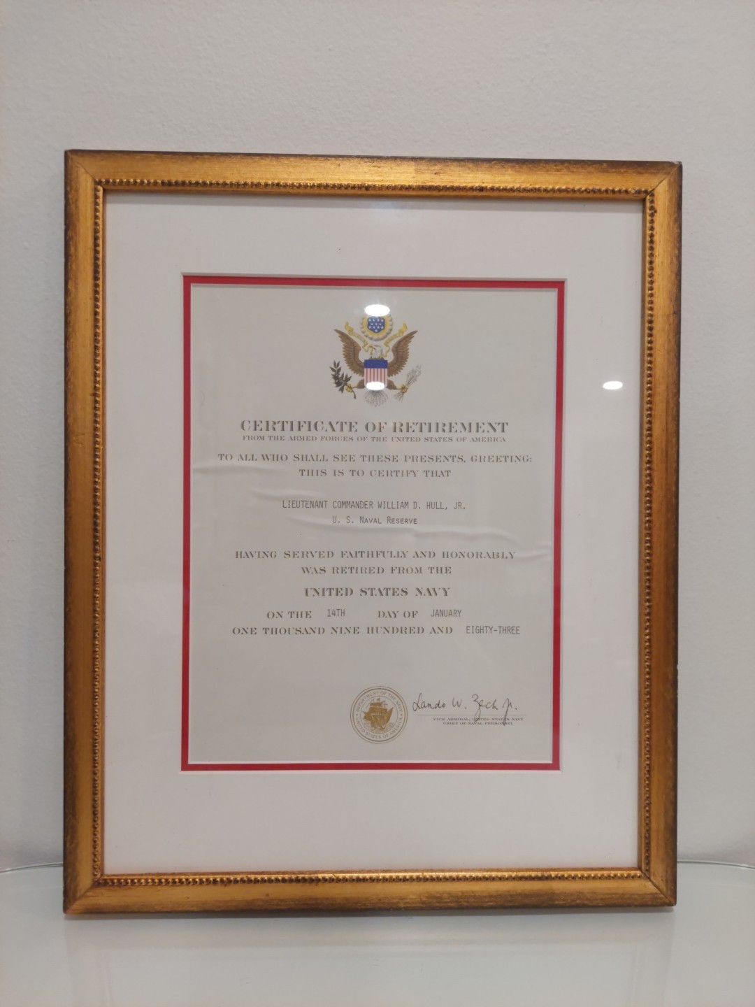 Certificate Of Retirement Lieutenant Commander US Navy 1983 Historical Document