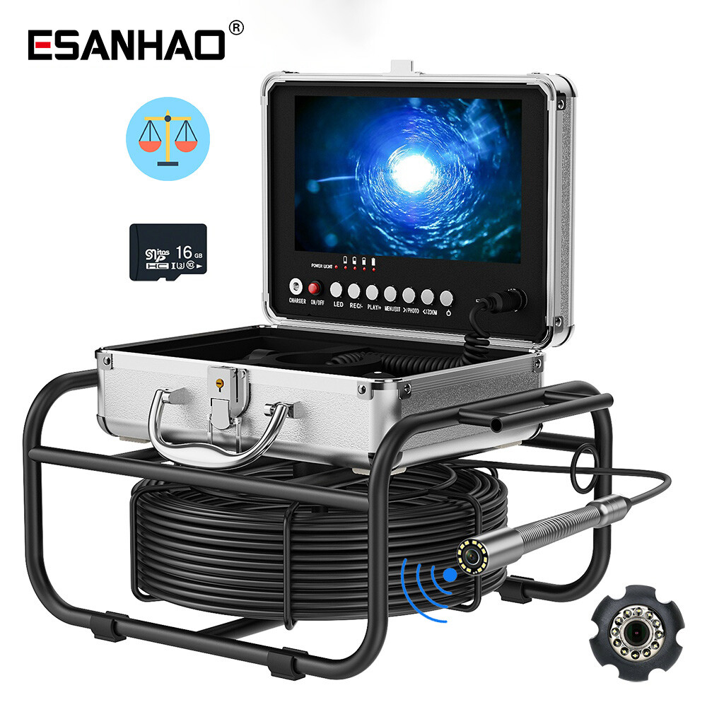 512HZ Drain Sewer Camera Pipe Inspection Camera Self-leveling DVR 16GB 9'' 20M