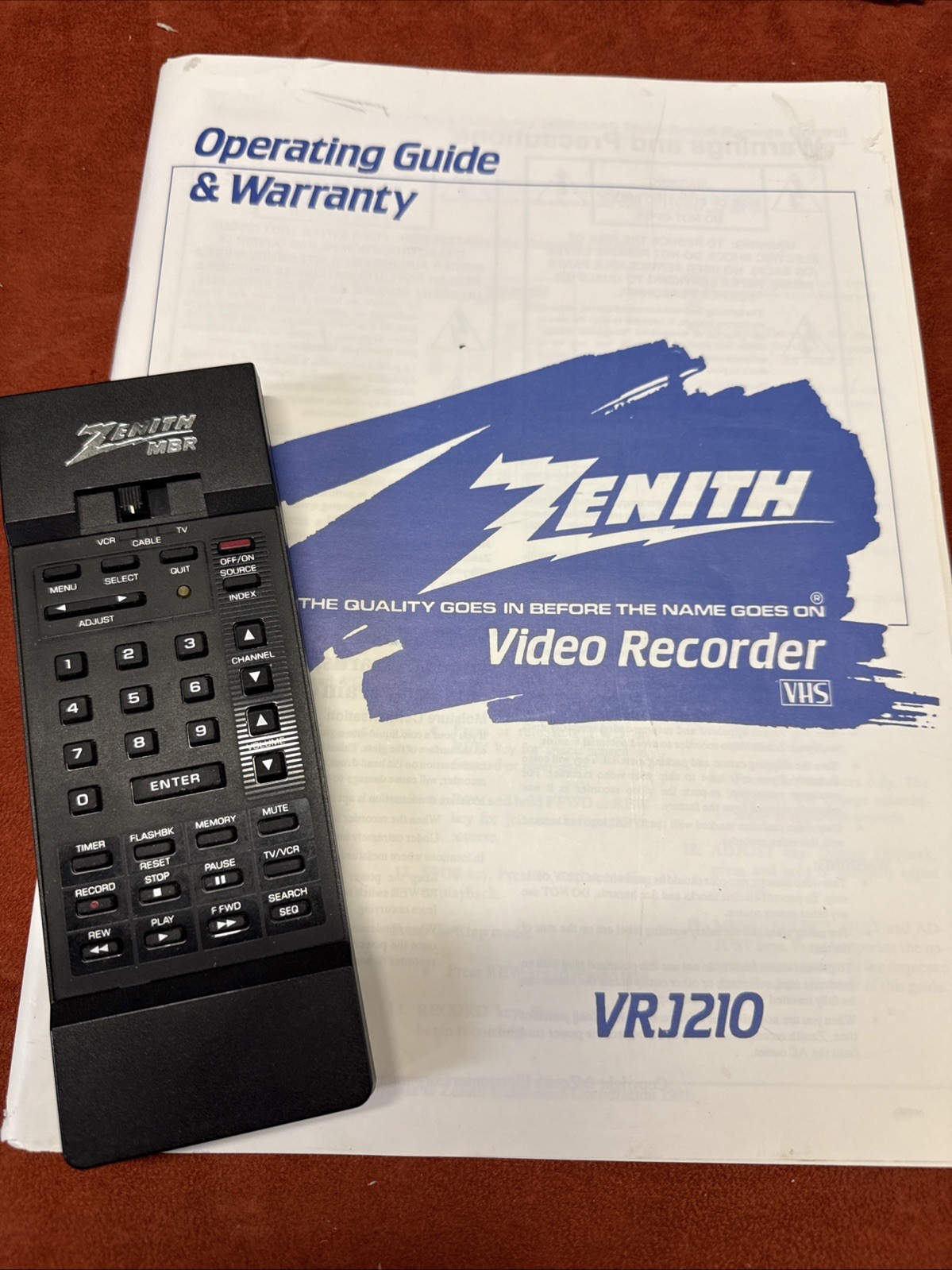 ZENITH VCR Operating Guide and Manual for VRJ210 w (Untested Remote)