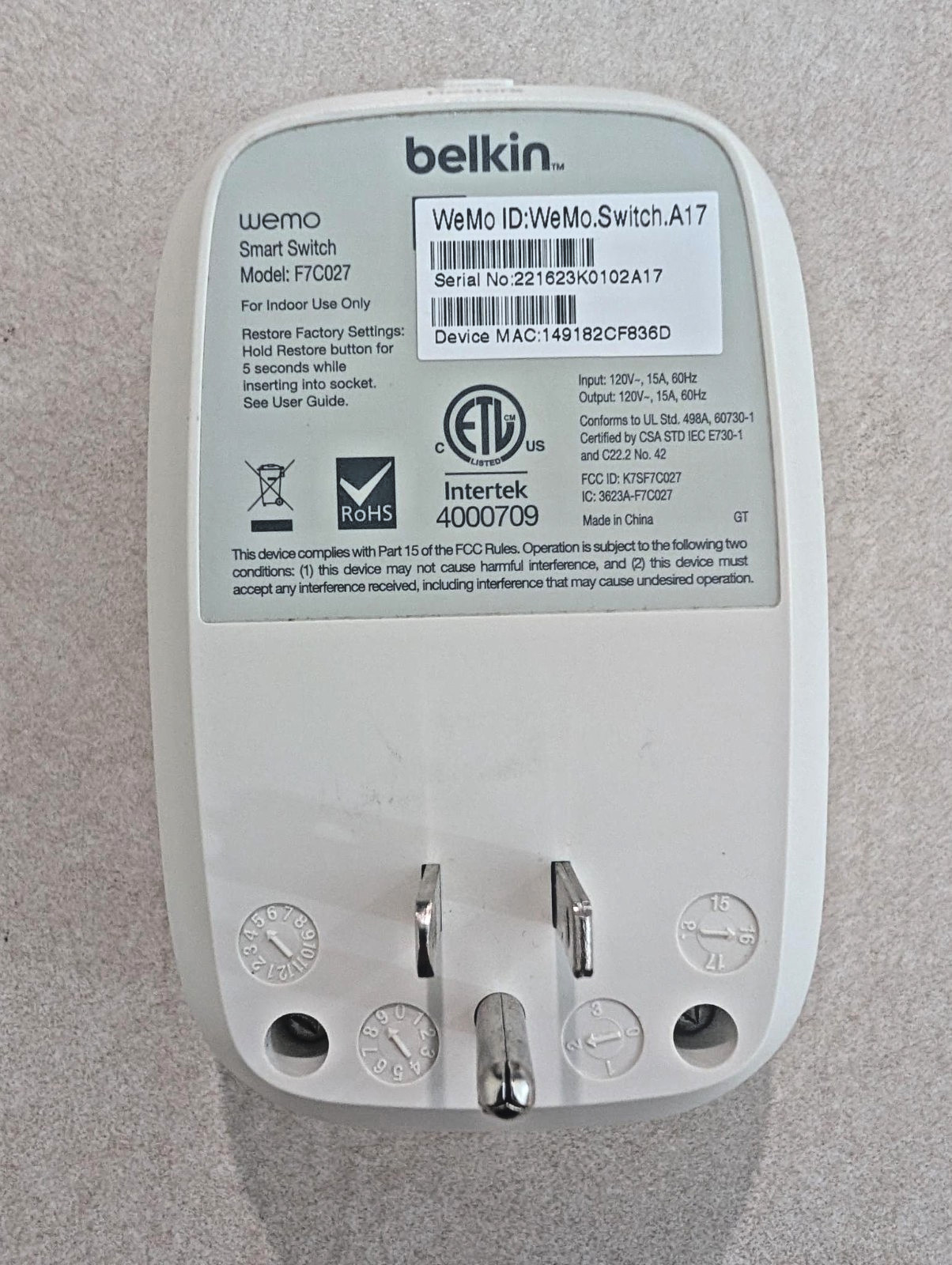 Belkin WeMo Insight Smart Switch WiFi Plug - A17
