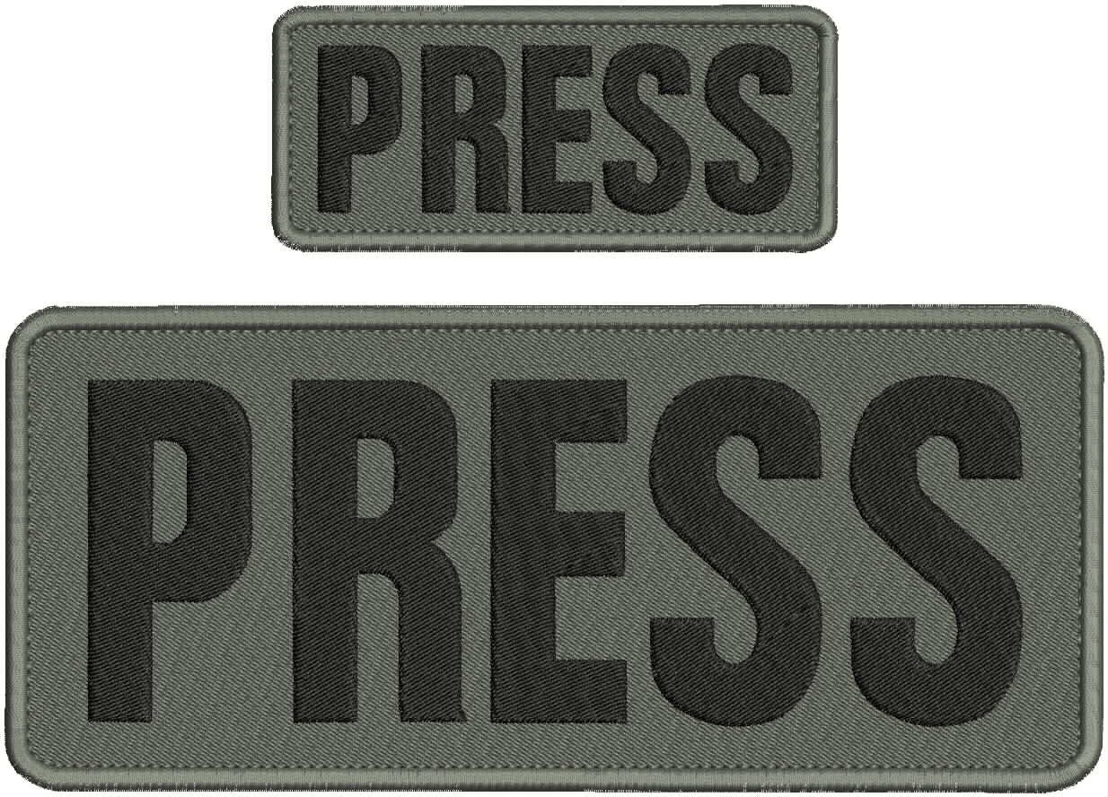 PRESS  EMBROIDERY PATCHES 4X10 AND 2X5 HOOK ON BACK  BLACK  ON GREY