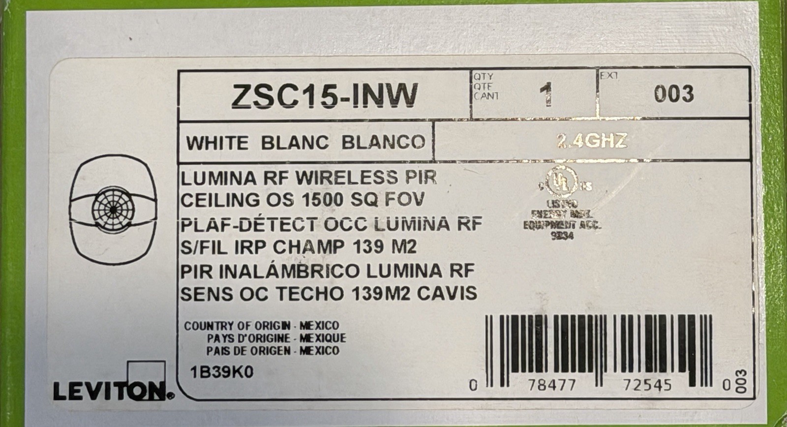 Leviton ZSC15-INW Lumina RF Wireless PIR Ceiling Sensor Passive Infrared