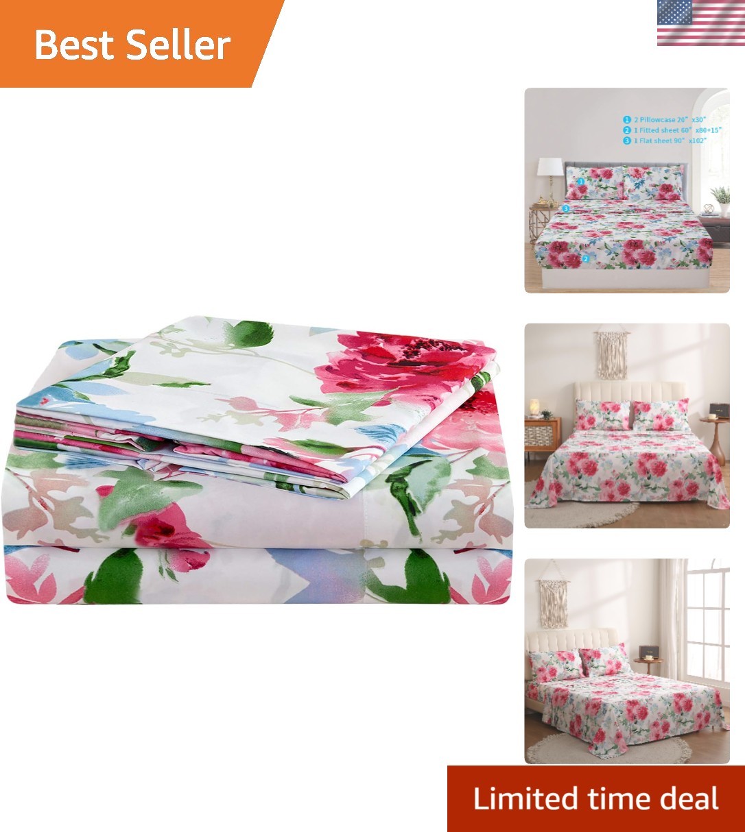 Watercolor Rose Floral Printed Sheet Set Queen Size | 4 Piece Soft Botanical ...