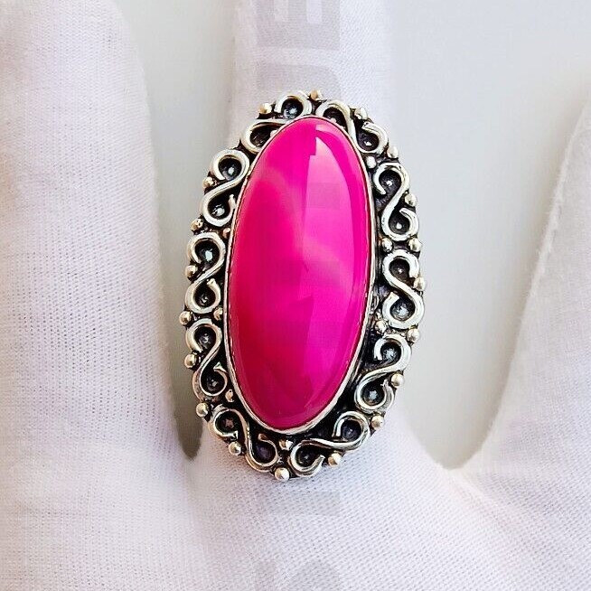 Pink Onyx Gemstone Handmade Antique Ring Jewelry, Pink Onyx Ring, All Sizes