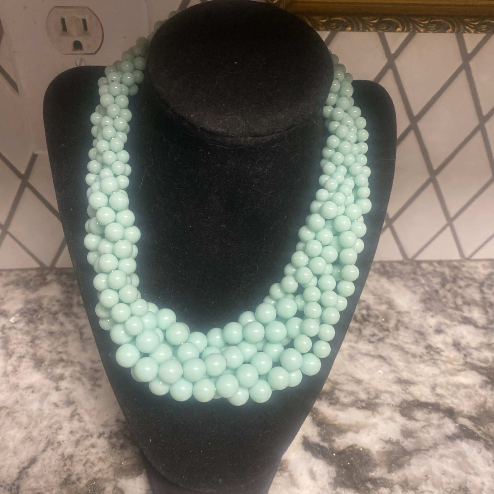 Chunky Seafoam Blue Bead Multi Strand Necklace Beach Boho