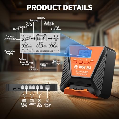 20A MPPT Solar Charge Controller 12V/24V Solar Panel Charge Controller 20A