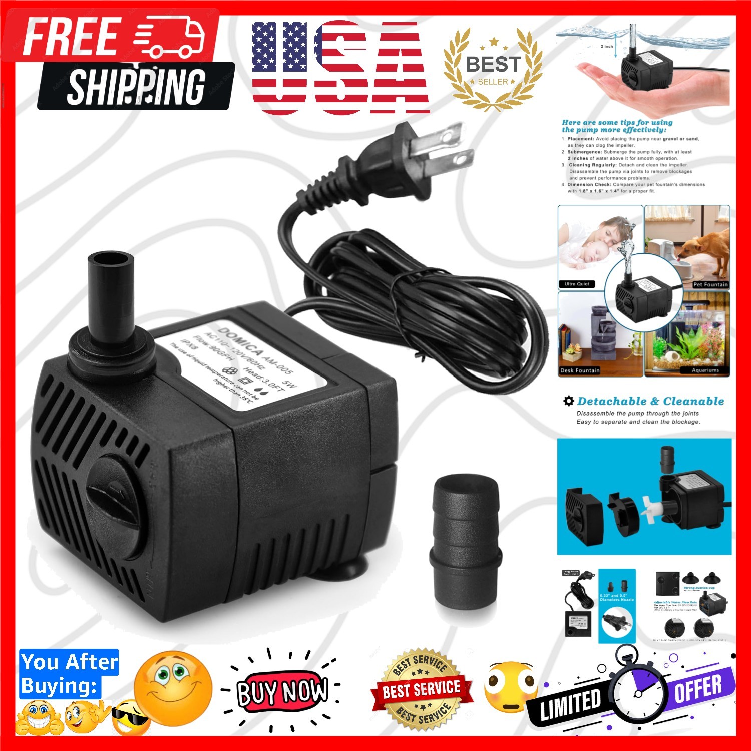 90 GPH Mini Submersible Pump, Small Fountain Pump 5W 350L/H for water feature...
