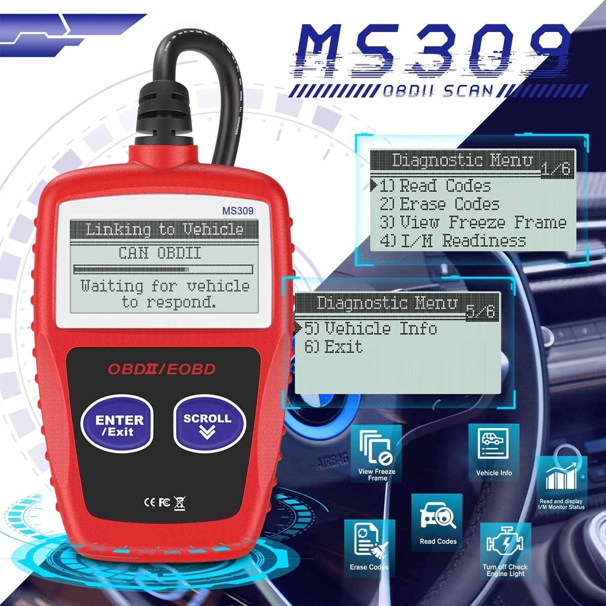 OBD2 Scanner MS309 Universal Car Engine Fault Code Reader, Diagnostic Scan Tool