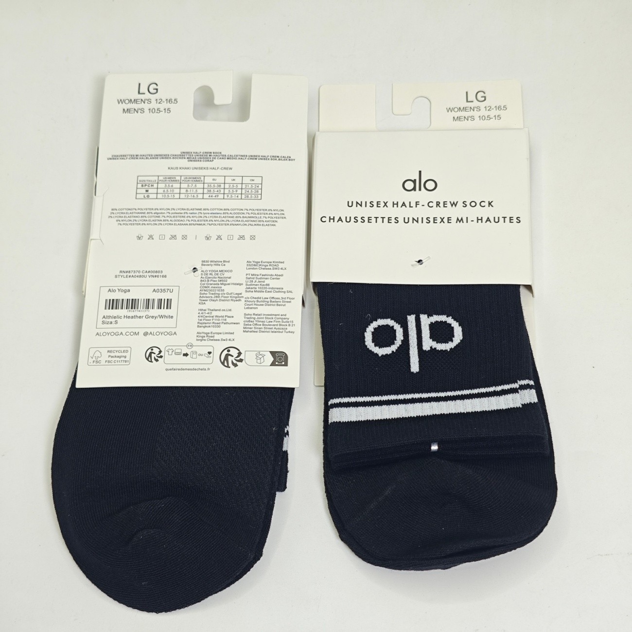 Alo Yoga Unisex Half Crew Socks Black Logo Athletic Casual Socks Size L Large
