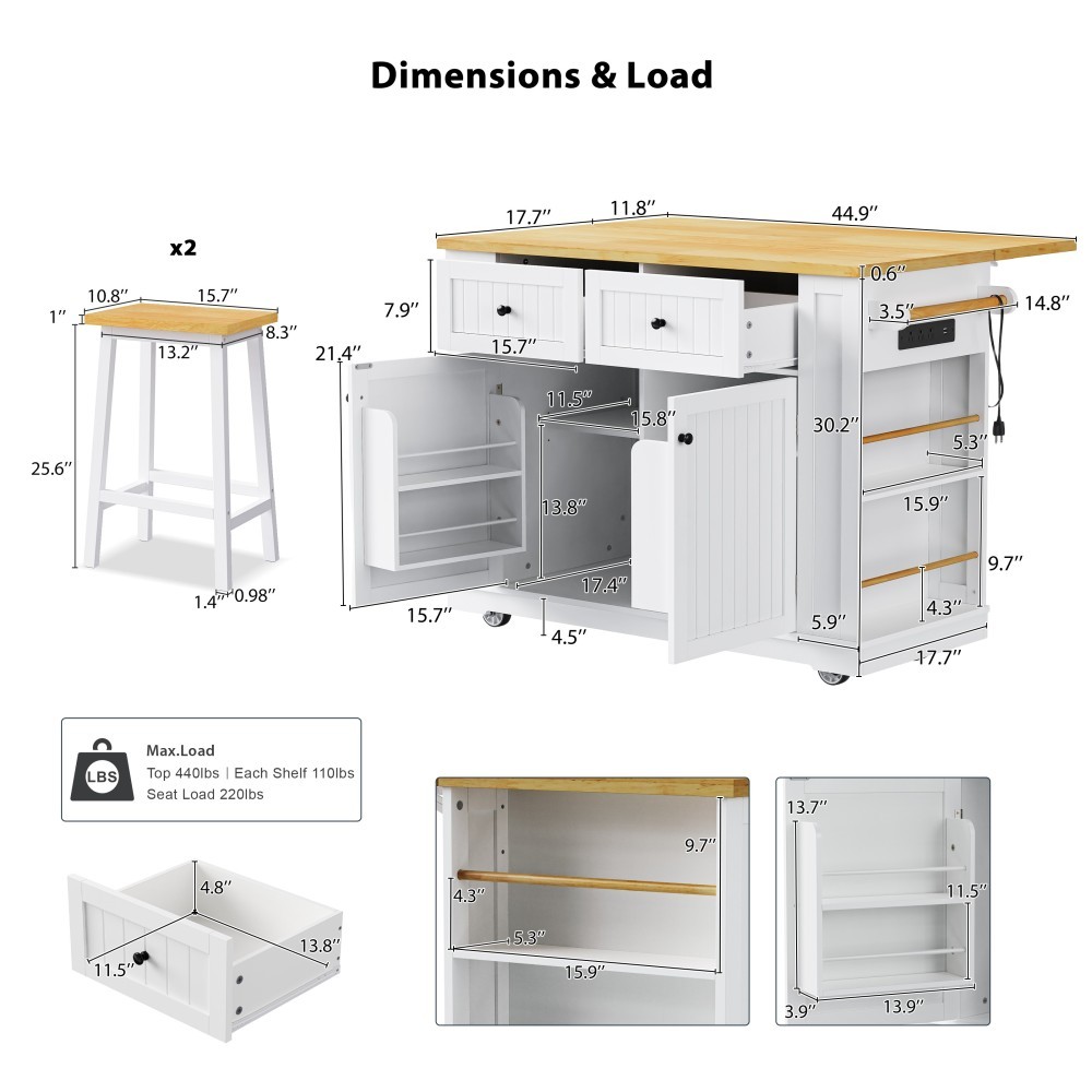 Kitchen Island W 2 Bar Stools 5 Open Side Racks 2 Drawers