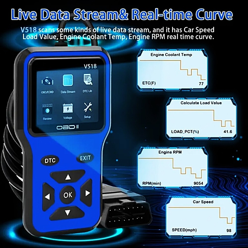 New 2025 OBD2 V518 Scanner Diagnostic Tool Code Reader - Blue