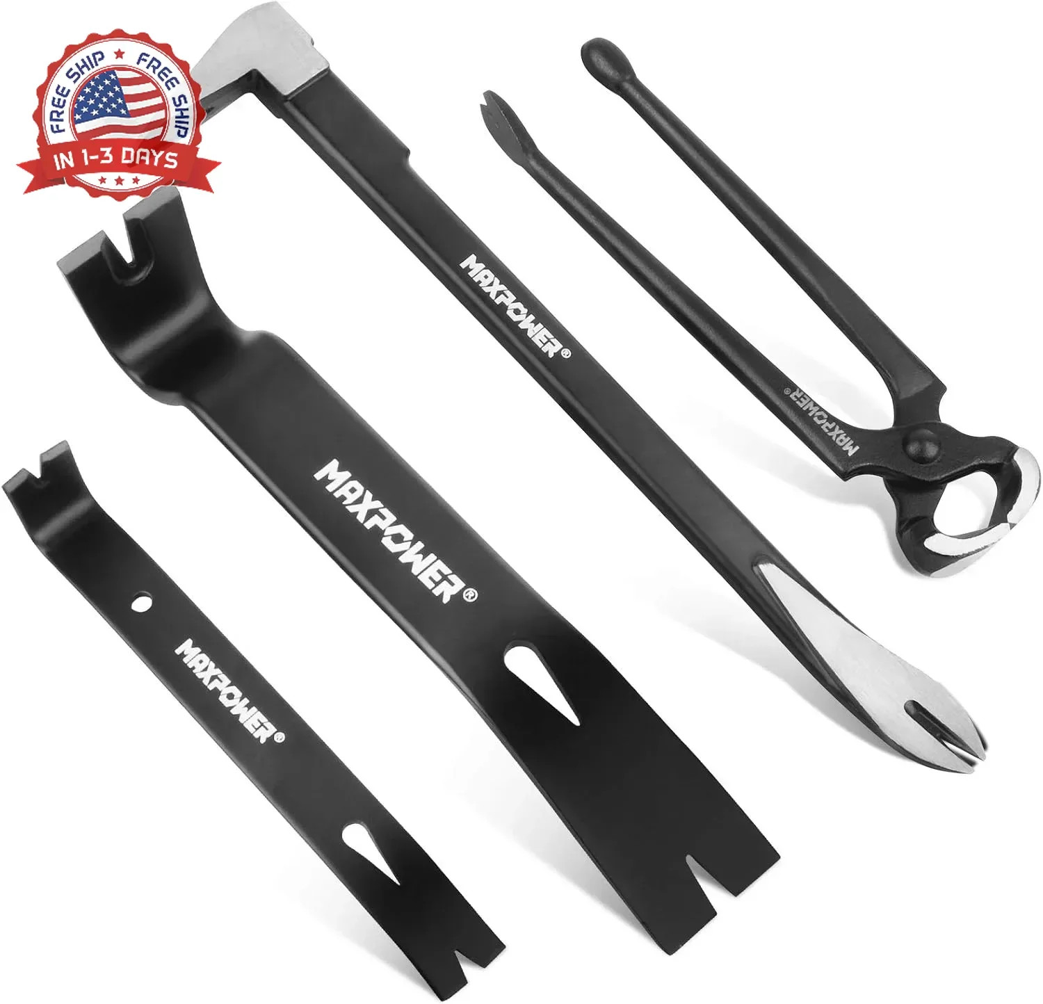 4-Pieces Pry Bar Set, 12-inch Utility Claw Pry Bar, 8-inch Nail Puller, 10-inch