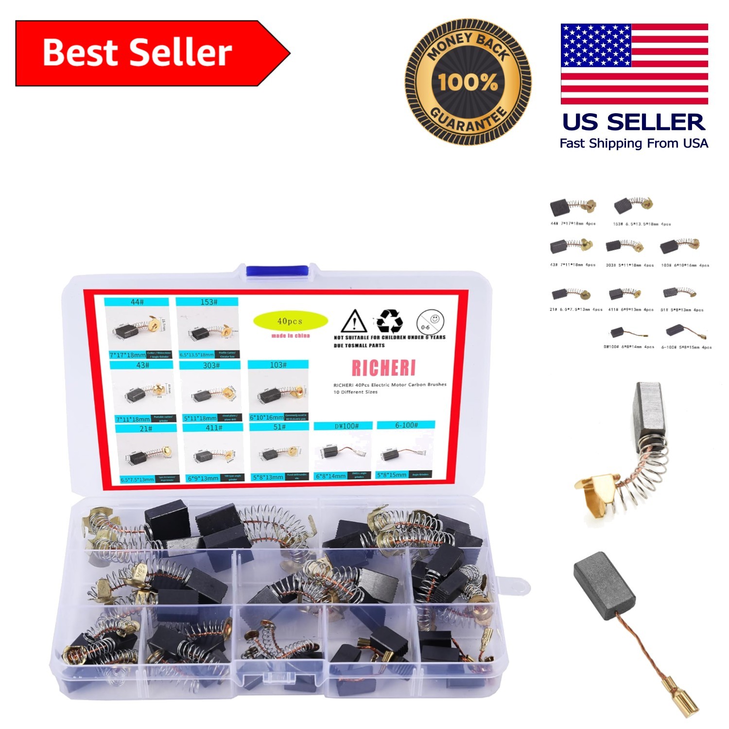 Quality 40Pcs Carbon Brushes - 10 Sizes for Reliable Power Tool Maintenance