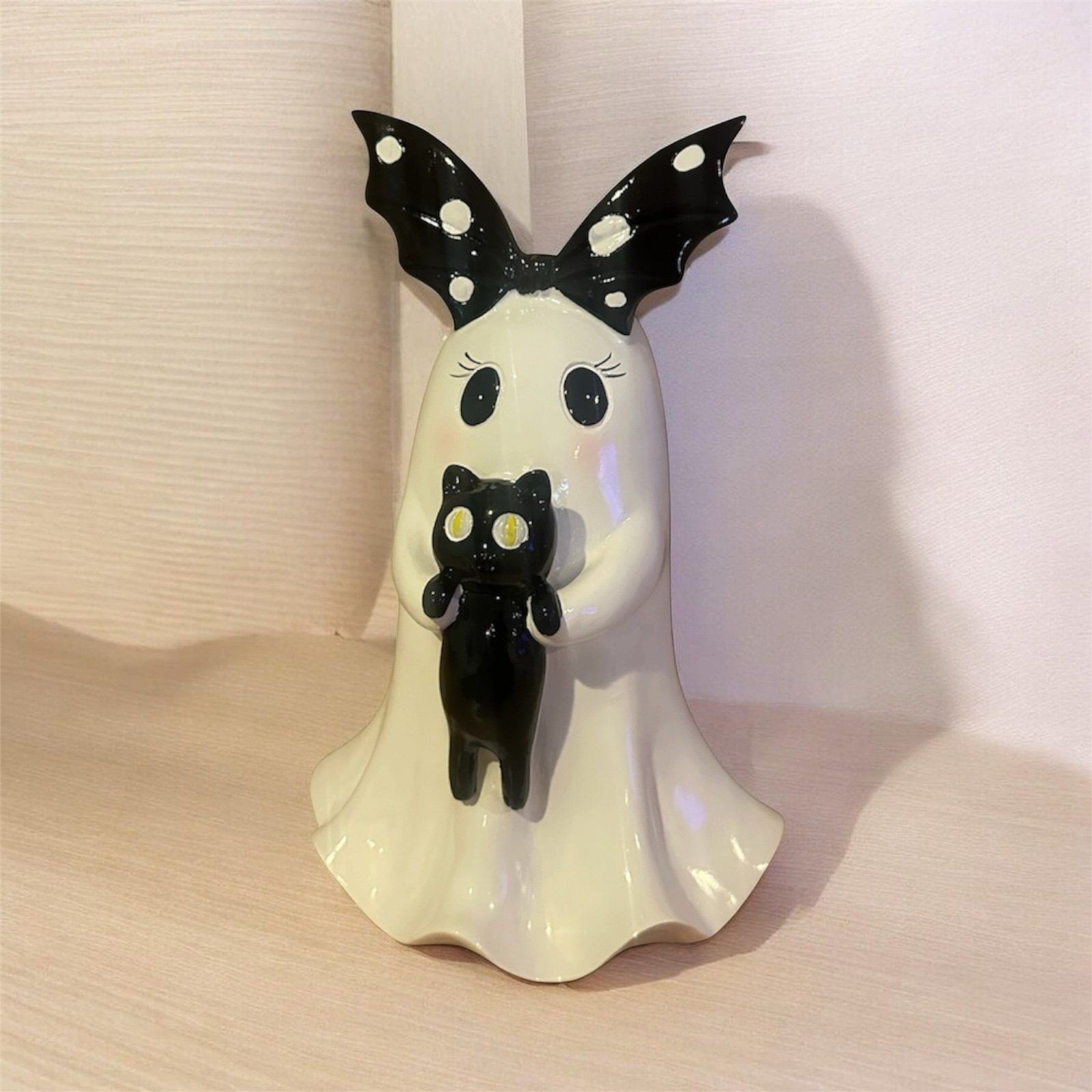 Ghost Girl With Bat Bow and Black Cat ceramic Halloween decor