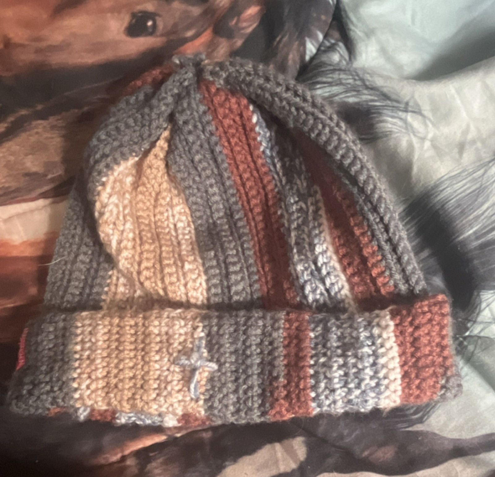 CrossWorks Handcrafted Crochet Beanie Hat Multicolor Gray Brown Beige Striped