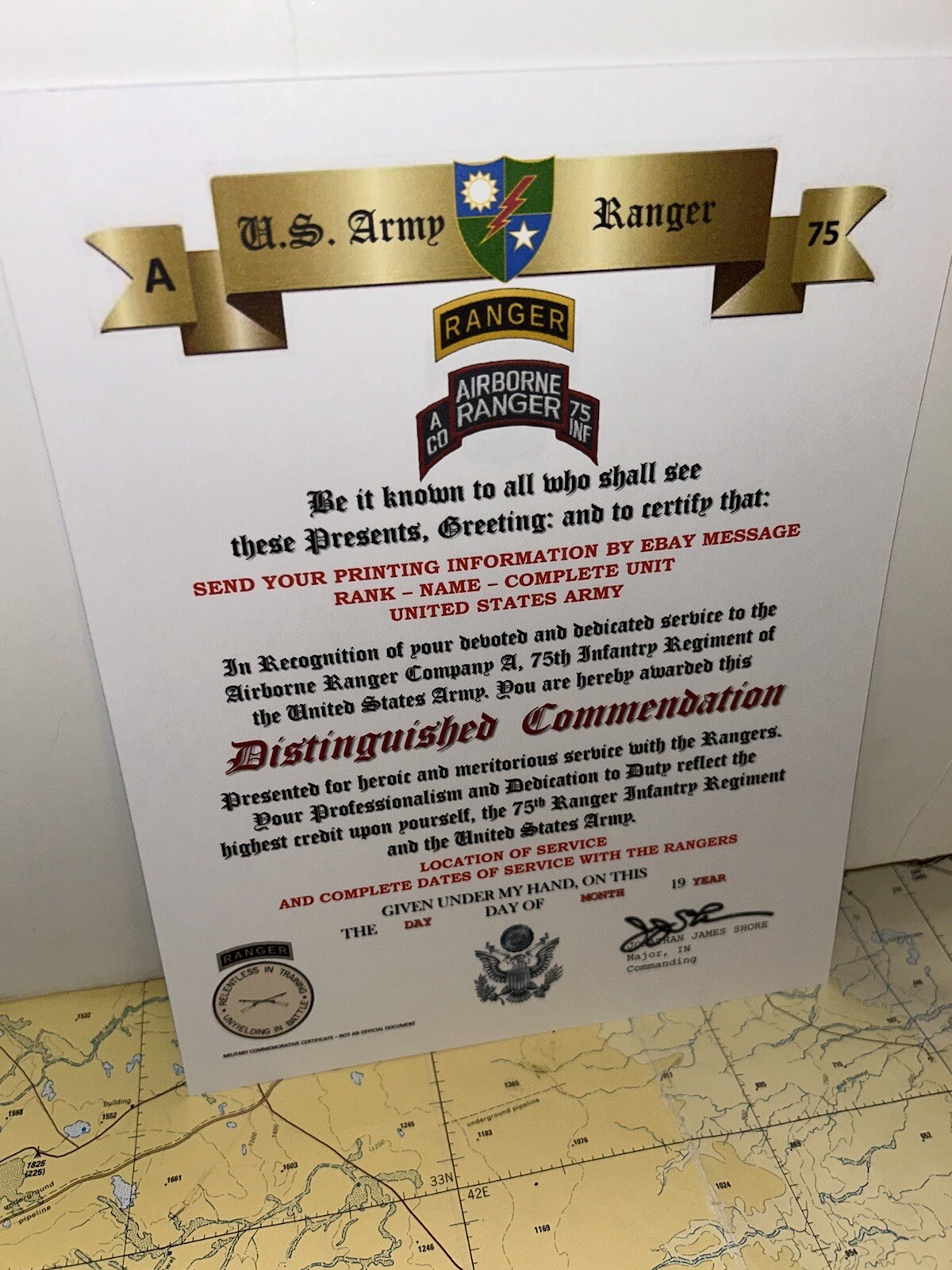 U.S. ARMY - A CO. 75TH RANGER INFANTRY / DISTINGUISHED COMMENDATION CERTIFICATE