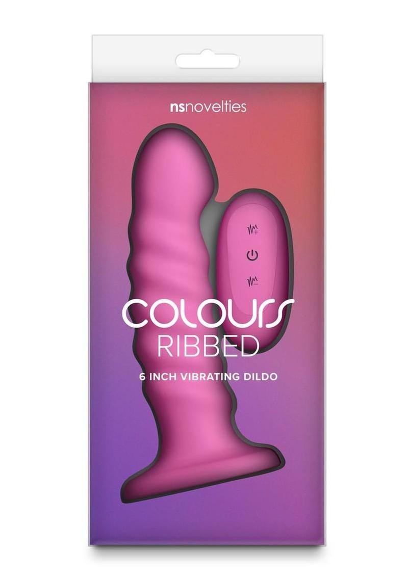 Colours Ribbed Rechargeable Vibrating Dildo with Remote 6in -Pink