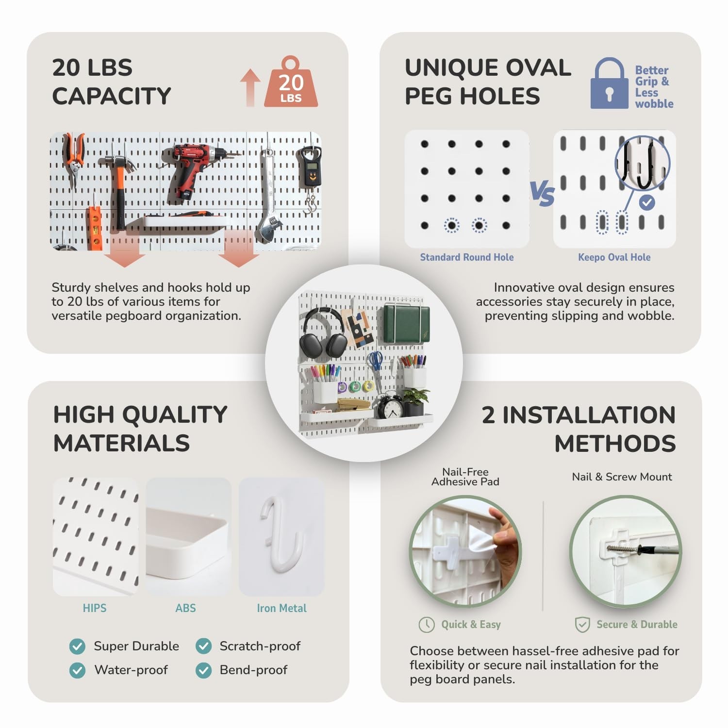 Keepo Peg Board Wall Organizer – Plastic Pegboard Panels, Modular Peg Boar