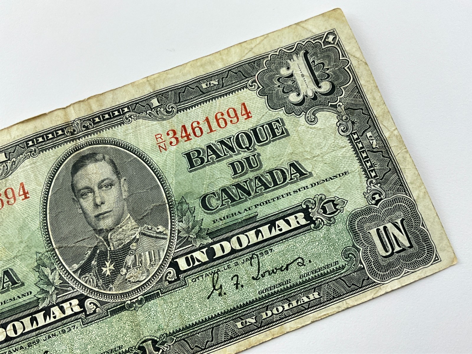 1937 Canada One 1 Dollar Circulated Banknote RN Prefix Coyne Towers JJ440