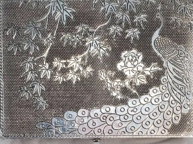 Peacock Silver Toned Metal Trinket Jewelry Box Lined