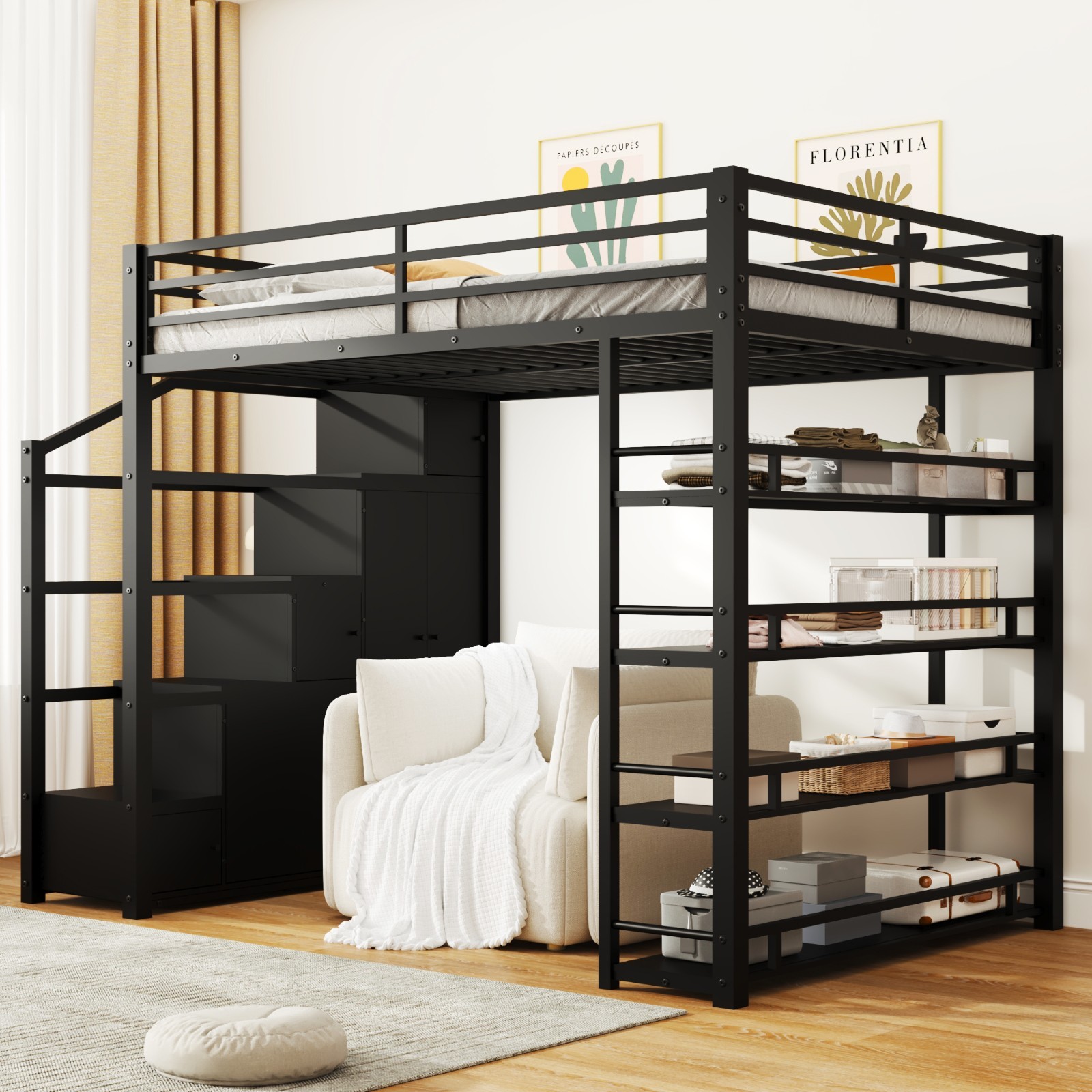 Full Size Metal Loft Bed w/ Storage Shelves Cabinets Wardrobe Black Space-saving