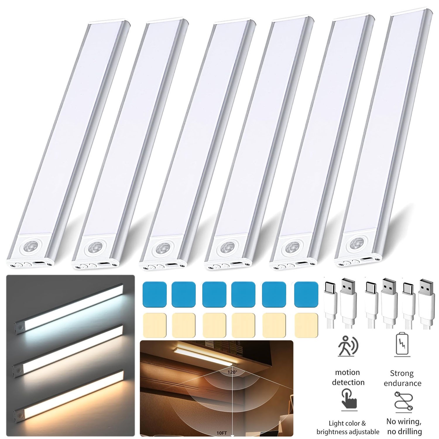 3/6Pack Dimmable LED Under Cabinet Lights Rechargeable Motion Sensor 20/30cm