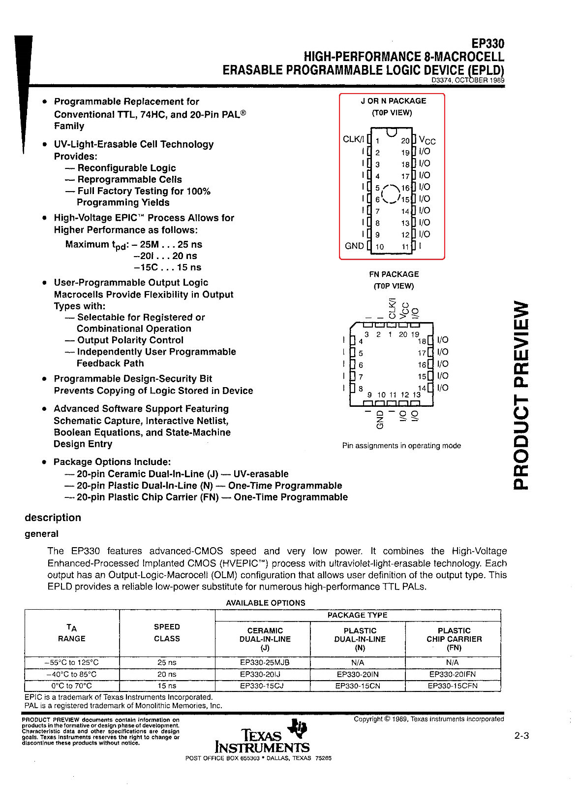 1/5/10Pcs TI EP330-12CN High Performance One-Time Programmable Logic Dev PDIP-20