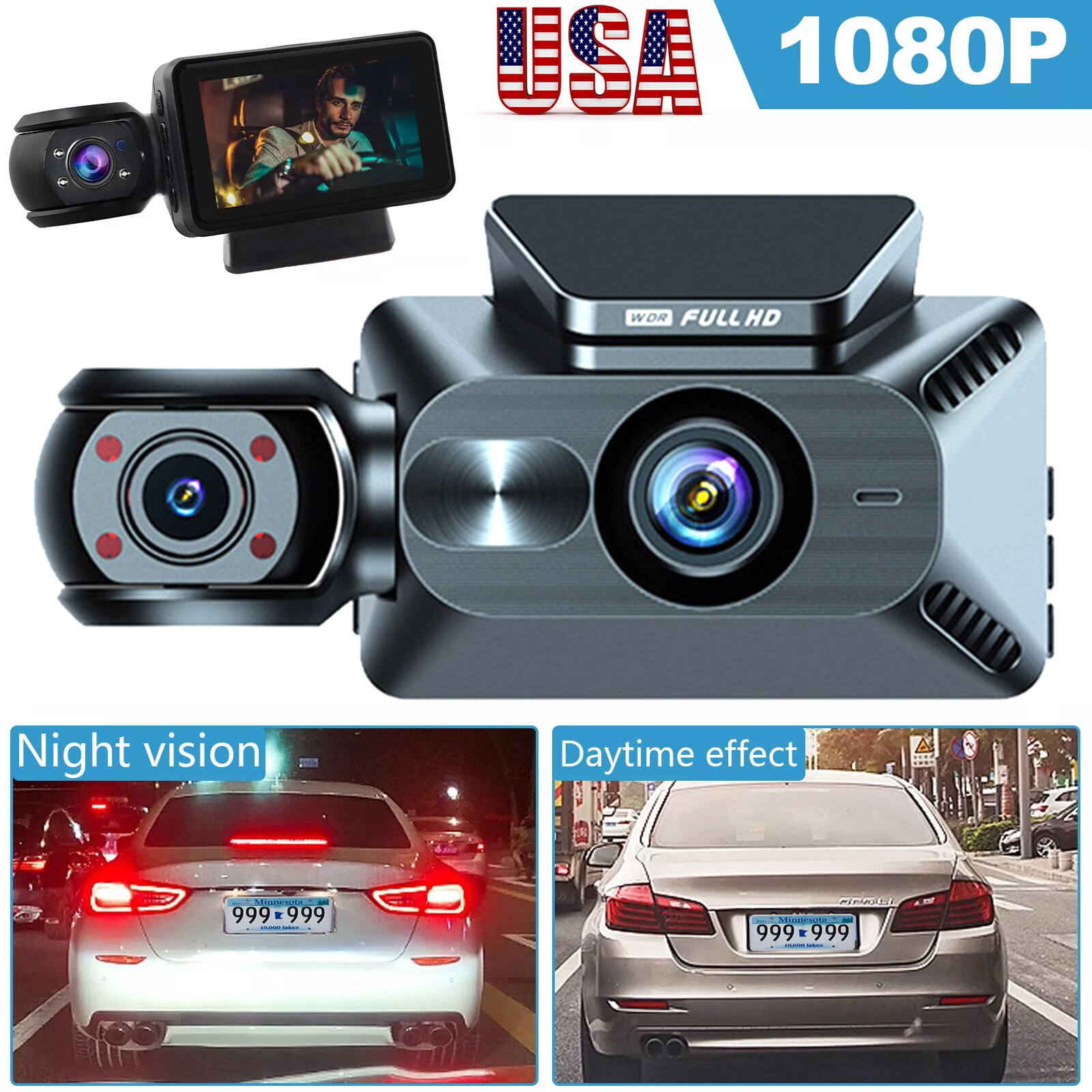 HD 1080P Dash Cam Car Front/Rear/Inside Dual Lens Video Recorder Camera G-Sensor