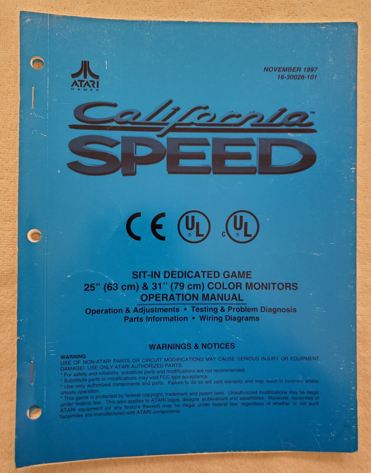 Atari California Speed Arcade Game Manual- Operation/Testing/Schematics/Parts