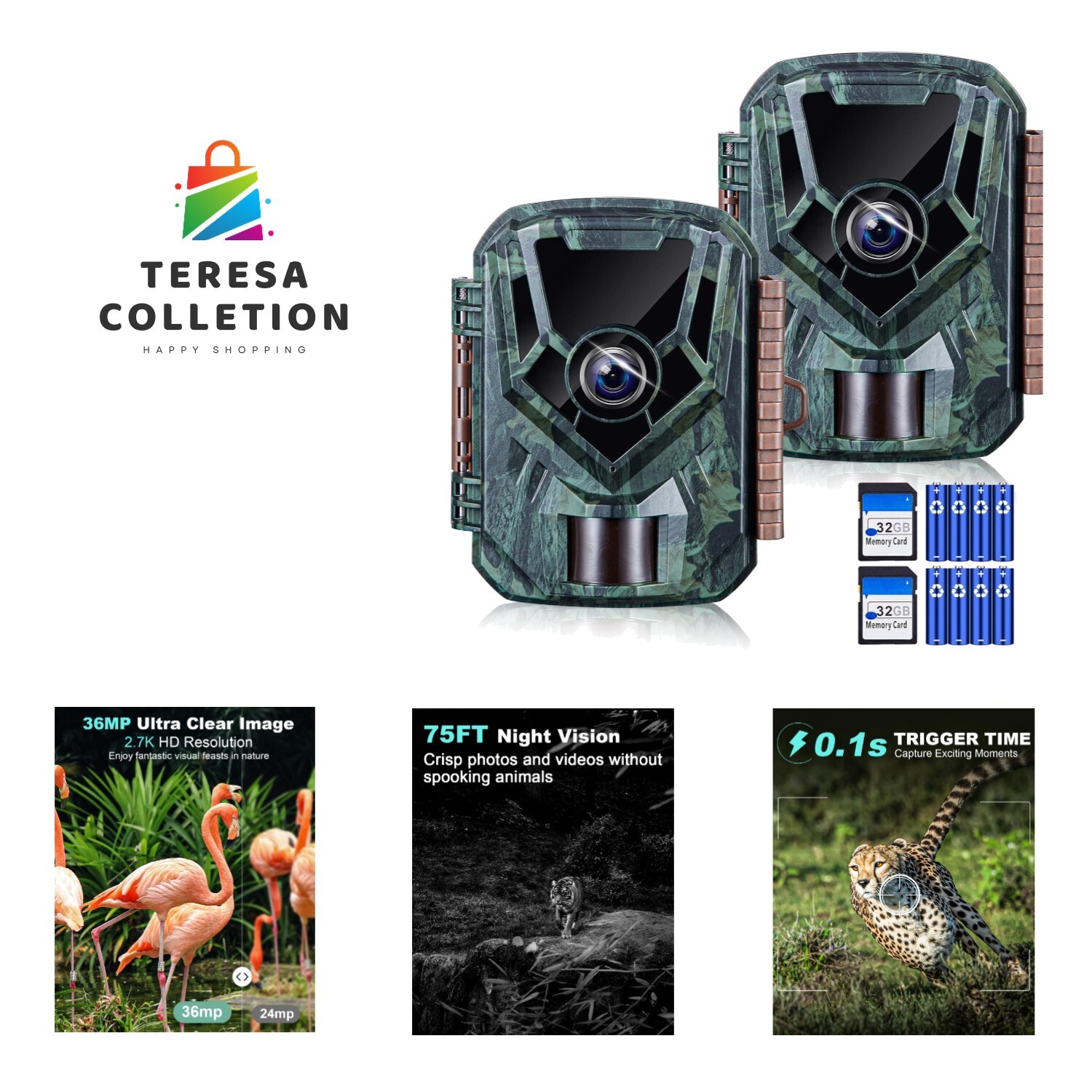 2 Pack Trail Cameras 36MP 2.7K, 32G SD Card and 8AA Batteries, Game Camera wi...
