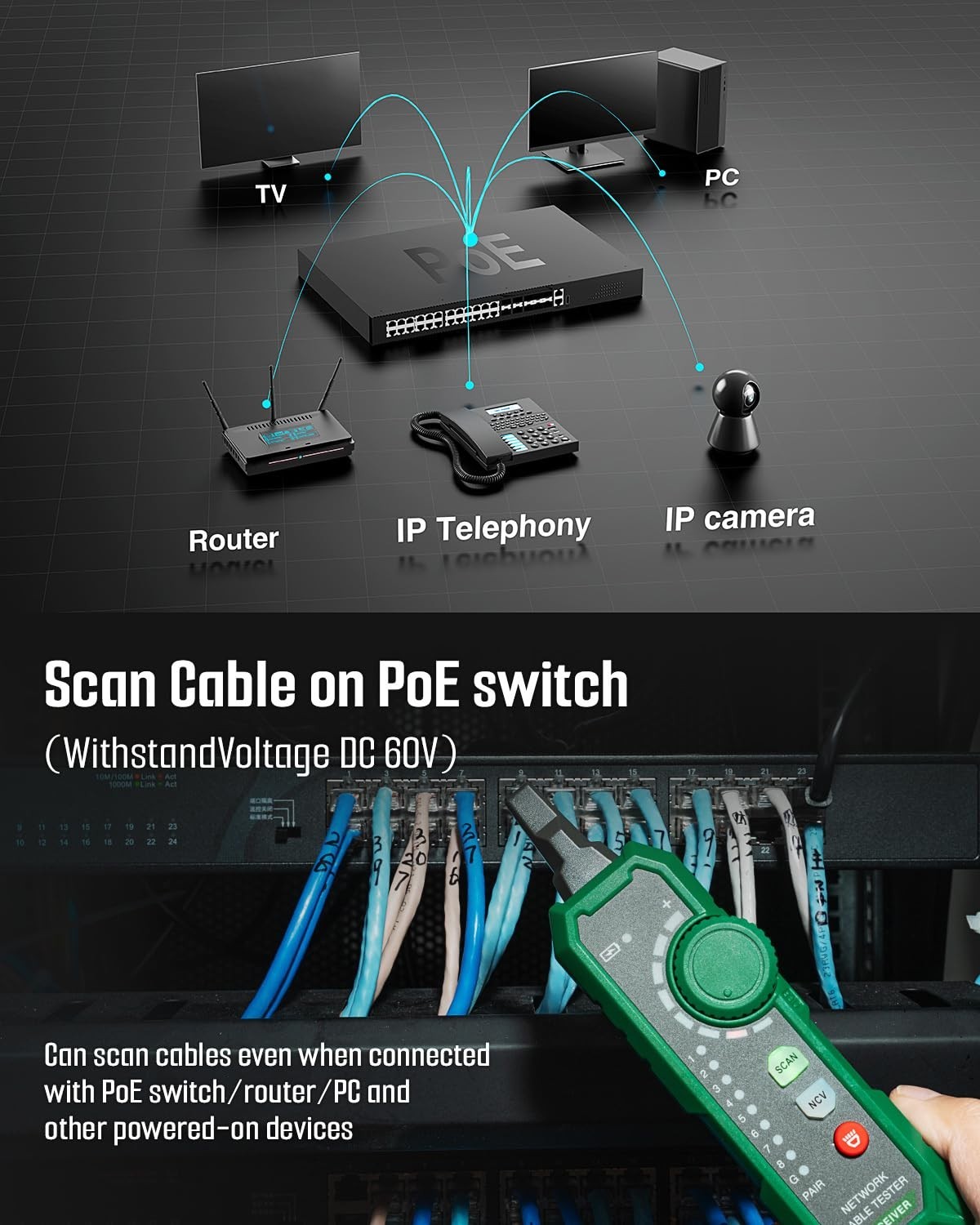 Multi-Function Network Cable Tester RJ11 RJ45 CAT5/6 POE STP, Continuity & Trace