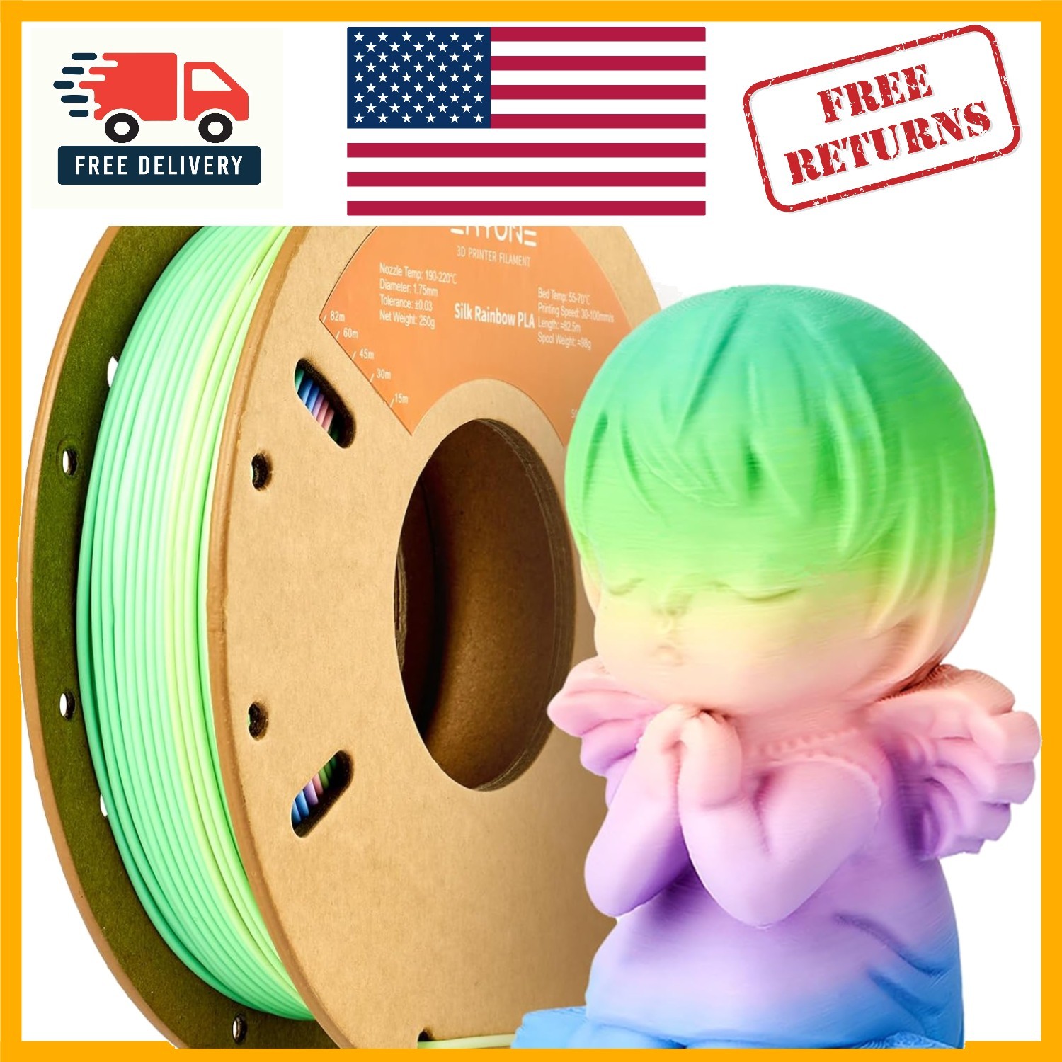 Vibrant Matte Rainbow PLA Filament 1.75mm 250g - Compatible with Most Printers