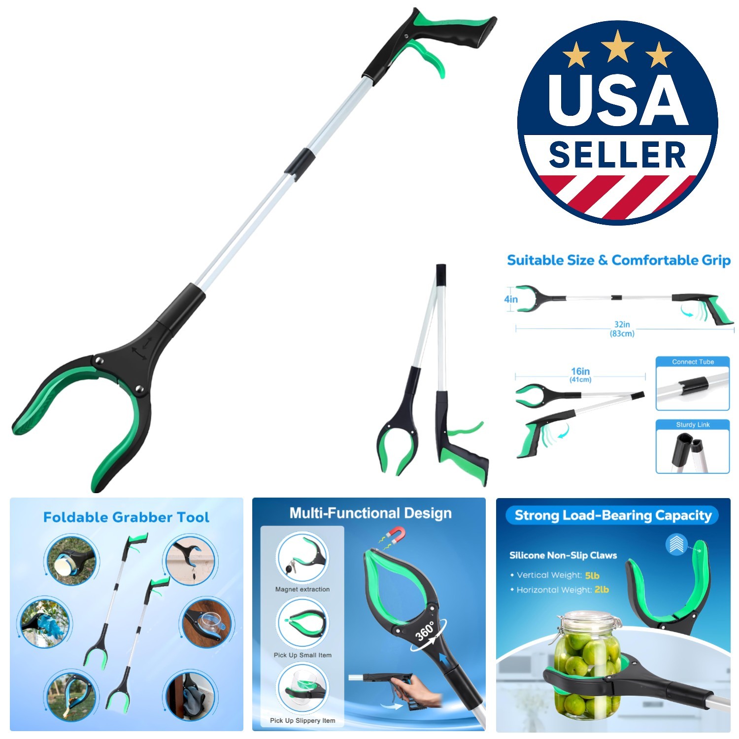 Extra Long 32-Inch Grabber Tool with 360° Jaw - Versatile and Lightweight