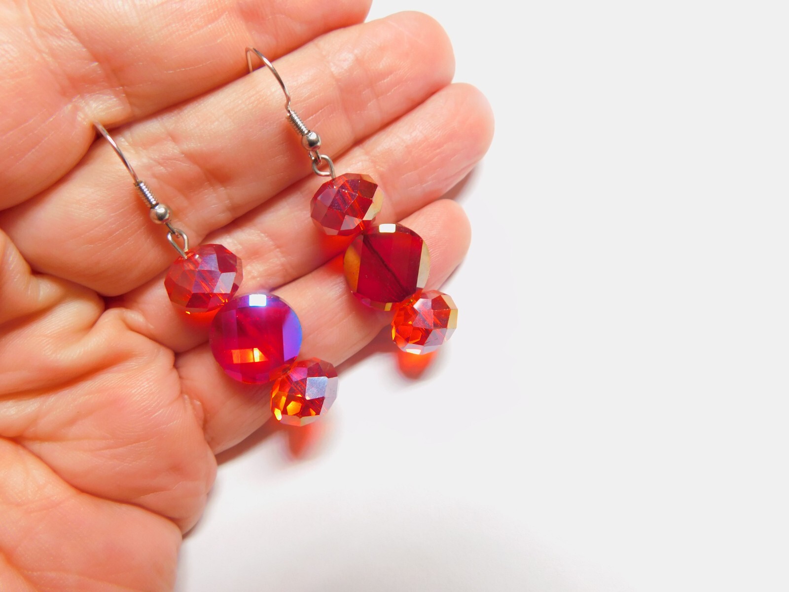 Beautiful Red Crystal Bead Dangle Pierced Holiday Earrings